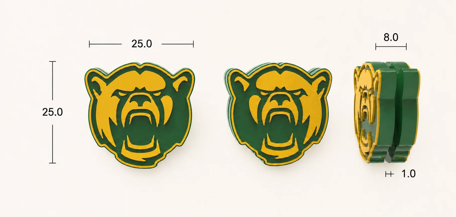 Digital production mockup for green and gold Baylor Bears tennis dampeners