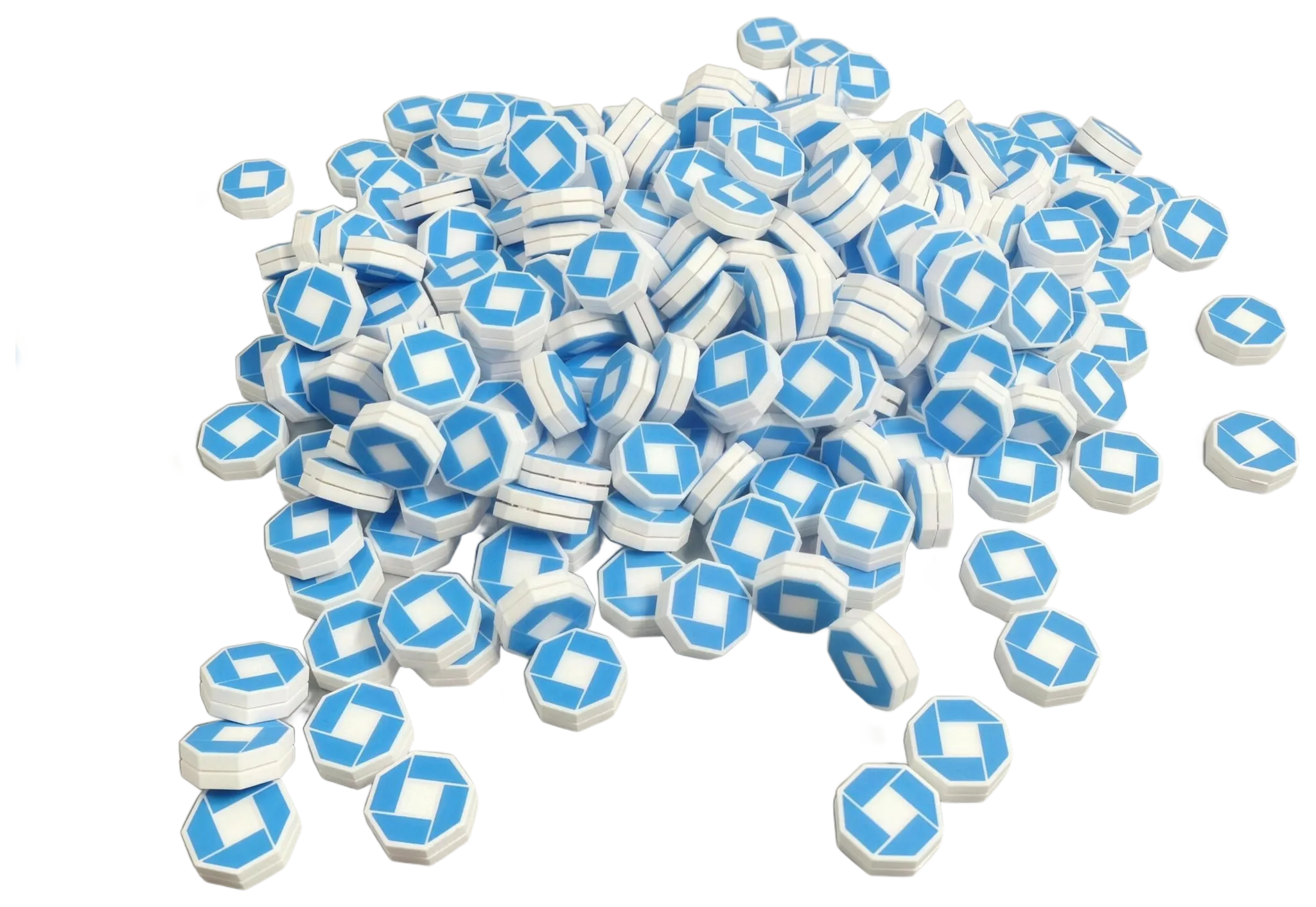 A production order of blue and white JPMorgan Chase custom tennis dampeners