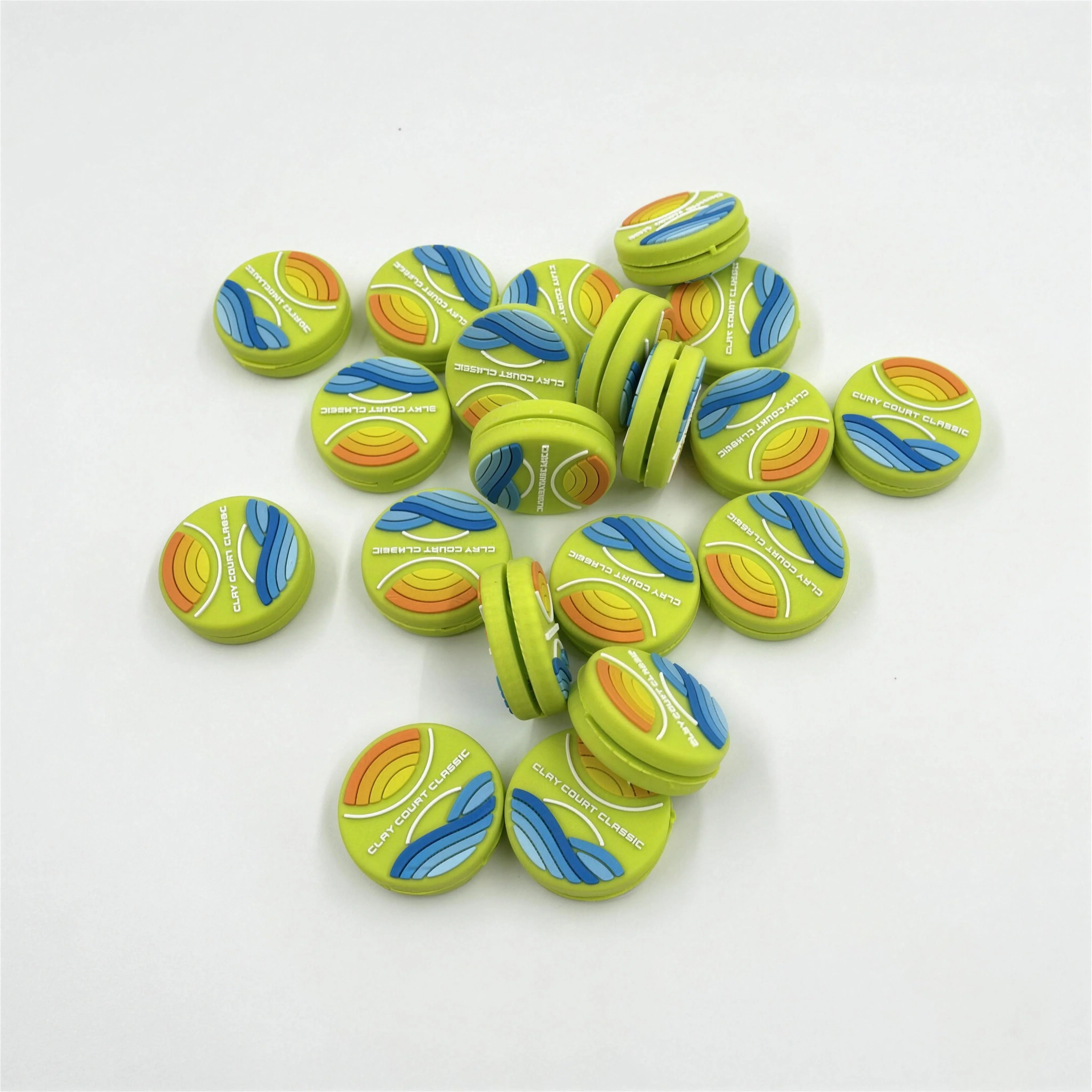 A colorful finished order of Clay Court Classic custom tennis dampeners