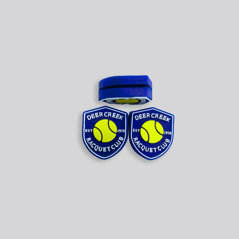 Deer Creek Racquet Club shield dampeners cast in navy and yellow