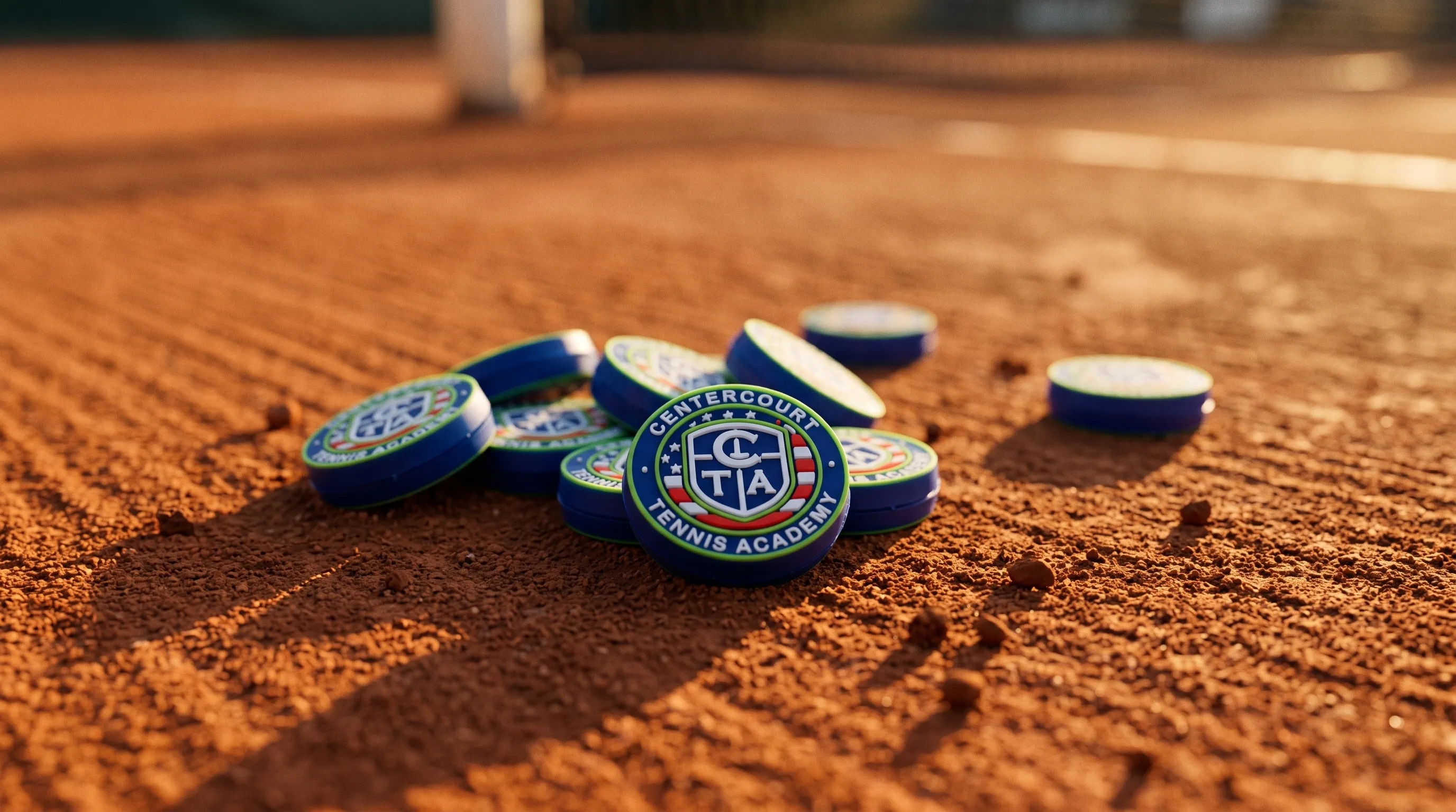 Centercourt Tennis Academy custom dampeners arranged on a clay tennis court