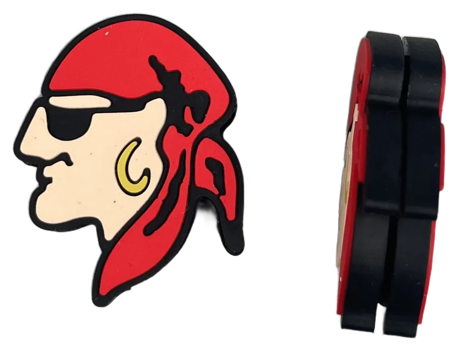 Front and profile views of a red, black, and cream pirate-head custom tennis dampener